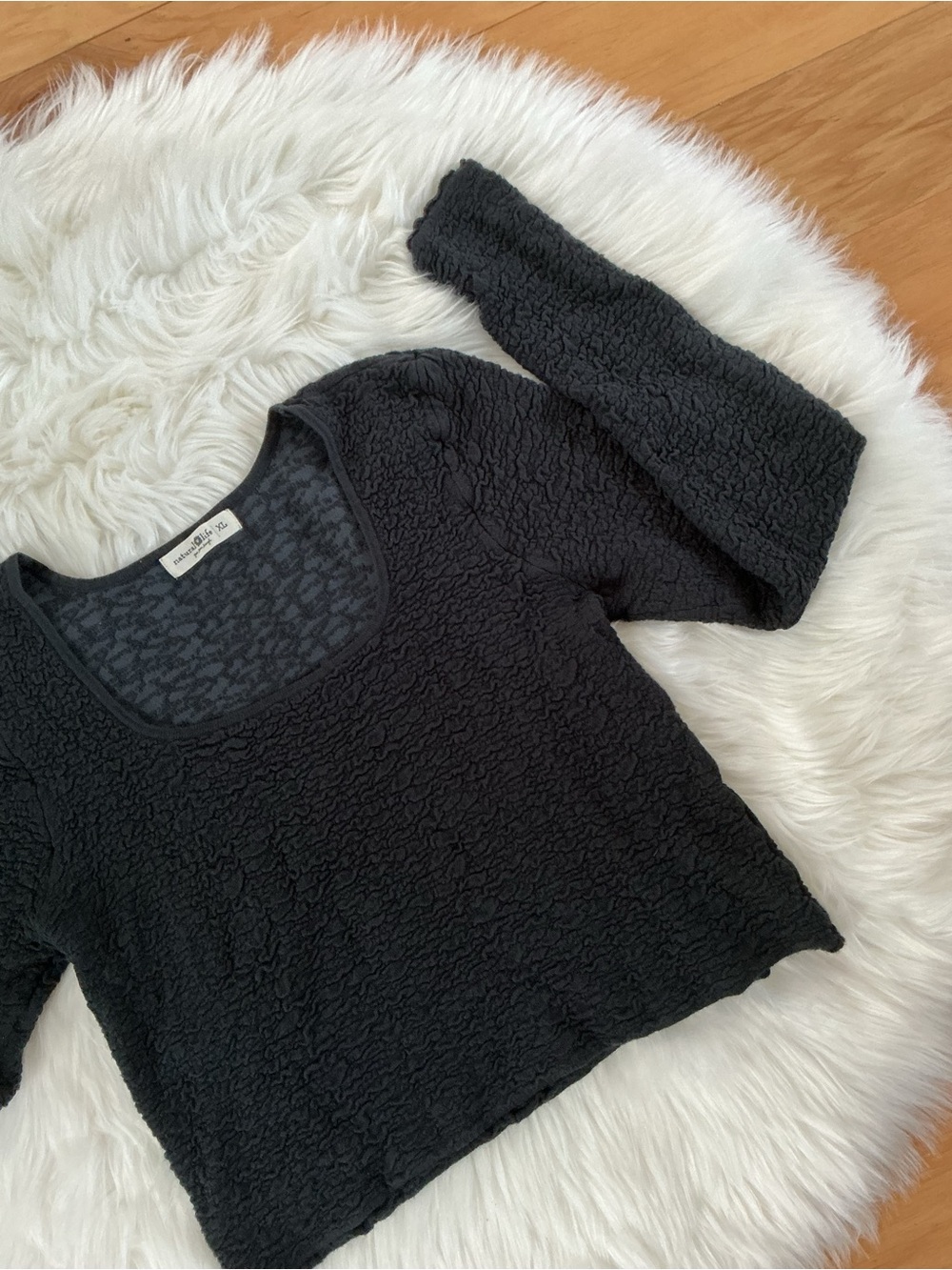 NATURAL LIFE Black Textured Square-Neck Long Sleeve Cropped Top Size XL